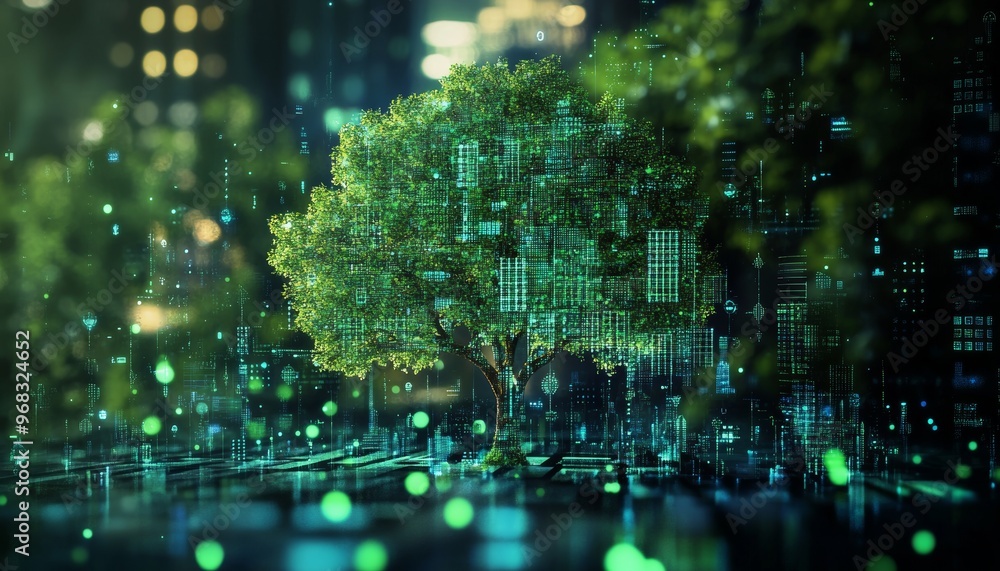 Poster digital art depicting trees on a technology inspired background blending nature and innovation.