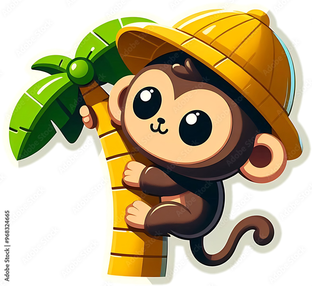 Poster Cute Cartoon Monkey Climbing a Palm Tree in a Yellow Hat