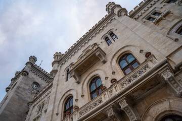 Details on facade of Wonderful Miramare Castle built on the coastline of the Gulf of Trieste (Italy) in 1860 for Austrian Archduke Ferdinand Maximilian. Trieste, Italy 04.01.2024
