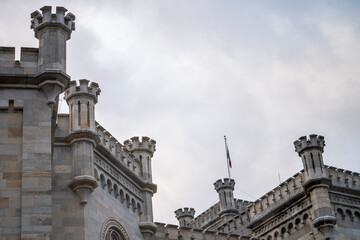 Fototapeta premium Details on facade of Wonderful Miramare Castle built on the coastline of the Gulf of Trieste (Italy) in 1860 for Austrian Archduke Ferdinand Maximilian. Trieste, Italy 04.01.2024 