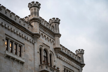 Details on facade of Wonderful Miramare Castle built on the coastline of the Gulf of Trieste (Italy) in 1860 for Austrian Archduke Ferdinand Maximilian. Trieste, Italy 04.01.2024
