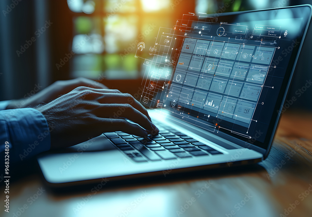 Poster close-up of hands typing on laptop with data visualizations
