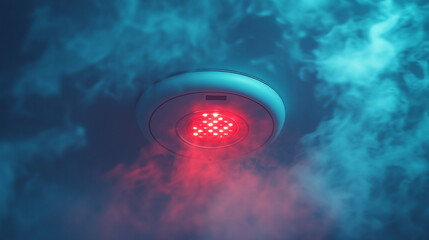 Smoke swirls around an active smoke detector mounted on the ceiling, alerting to a possible fire or hazard. The scene emphasizes safety, fire prevention, and emergency readiness