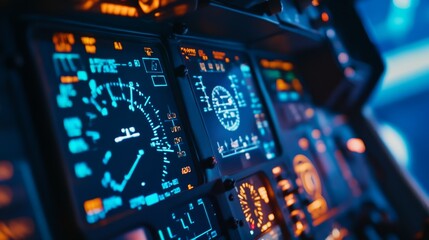 Close-up of a cockpit dashboard displaying various flight instruments and indicators.