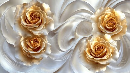 Beautiful golden roses in a circular decorative pattern, set against a dynamic silver-white swirling background