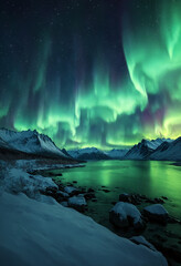 Naklejka premium Serene winter landscape with Northern Lights Aurora Borealis flashes in arctic sky over snowy mountains and calm frozen mount lake at dark polar night. Scenic wintry natural background 3D illustration