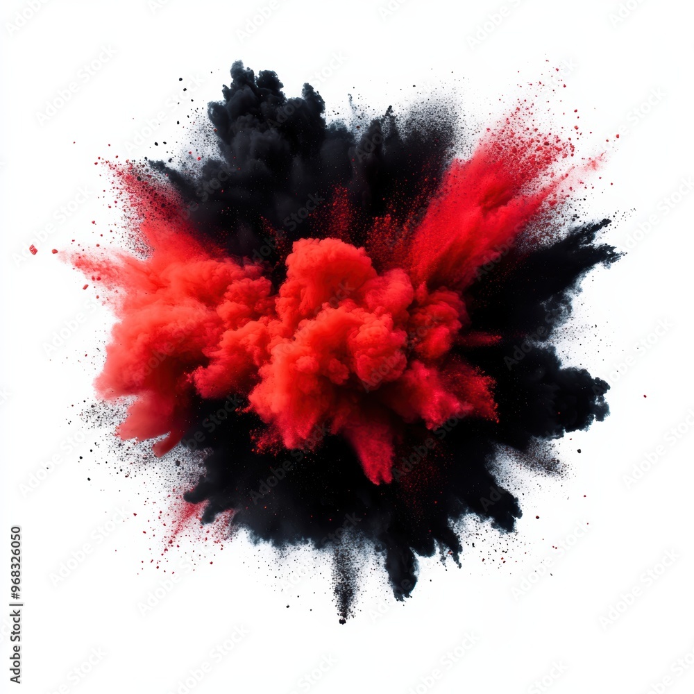 Poster vibrant red and black powder explosion, creating dynamic motion and artistic flair on a clean backgr