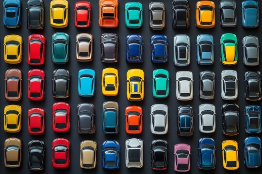 Vibrant display of colorful toy cars in a grid pattern against a dark background