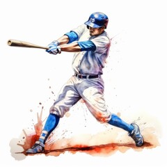 Dynamic Watercolor Illustration of a Baseball Player Swinging a Bat.