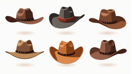 Set of Six Stylish Cowboy Hats in Various Colors - Western Fashion Accessories Illustration