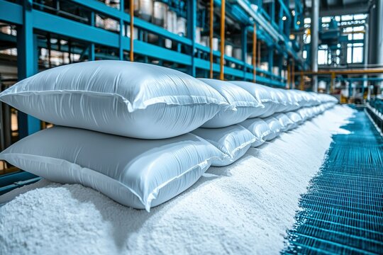 Stacked White Bags of Powder on Industrial Conveyor Belt