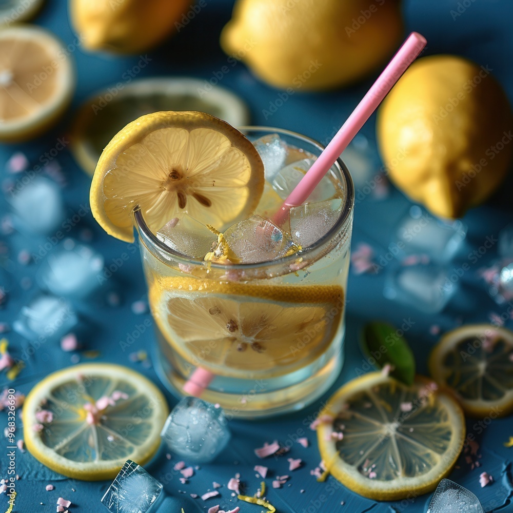 Poster refreshing lemonade with lemon slices and ice