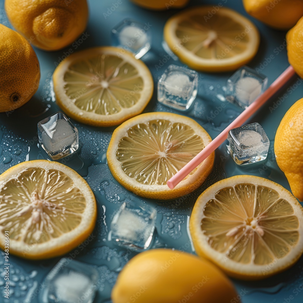 Poster refreshing lemonade with lemon slices and ice cubes