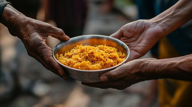 hands compassionately offers a plate of nourishing food, symbolizing kindness, support, and generosity. The image conveys care, community, and the spirit of volunteerism