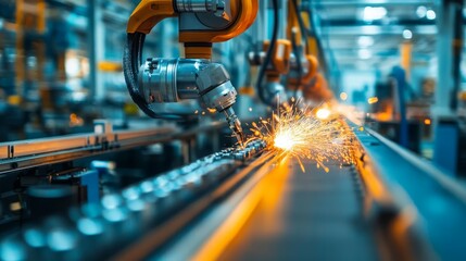 Industrial scene with robotic arms welding and creating sparks on a production line.