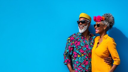 Happy senior couple wearing summer outfits and sunglasses against a blue background.