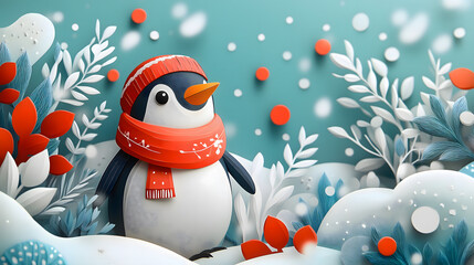 Penguin in Winter with Red Scarf

