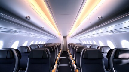 Interior view of an airplane cabin with empty seats and overhead lighting.