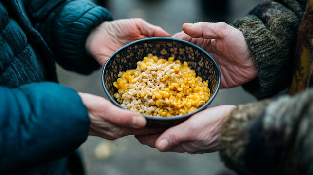 hands compassionately offers a plate of nourishing food, symbolizing kindness, support, and generosity. The image conveys care, community, and the spirit of volunteerism