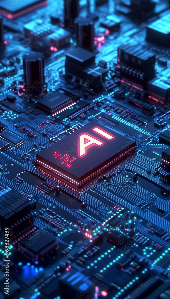 Poster 3d illustration of ai text on circuit board with microchips digital technology concept