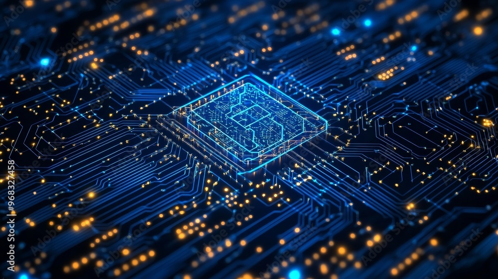 Poster ai technology on a blue circuit board chip and digital data flow illustrating advanced ai concepts