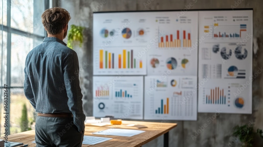 Poster a business professional analyzes colorful charts and graphs displayed on a wall, reflecting data tre