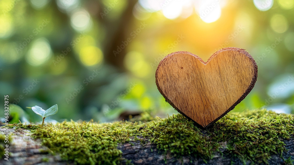 Poster wooden heart rests on a lush mossy forest floor, symbolizing the connection between nature and human emotions, emphasizing harmony, love, and tranquility in a serene natural environment