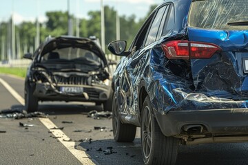 Close up of a blue car and black suv post collision, highlighting damage on a summer day