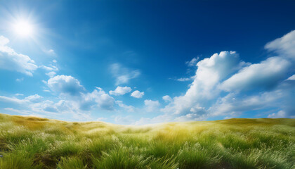 Obraz premium Blue sky. Bright midday sun illuminates the space. Wide photo . 