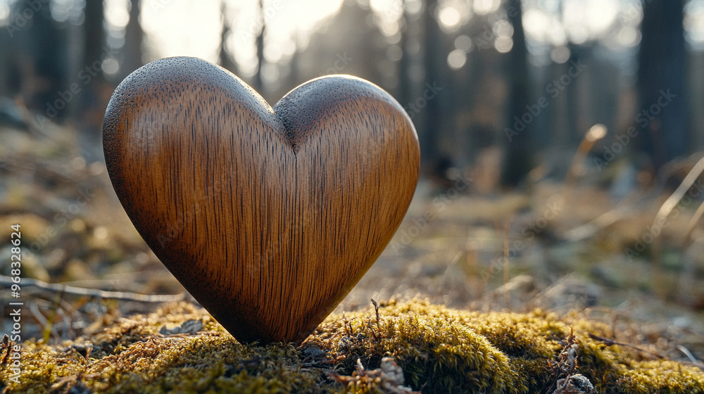 Wall mural wooden heart rests on a lush mossy forest floor, symbolizing the connection between nature and human emotions, emphasizing harmony, love, and tranquility in a serene natural environment