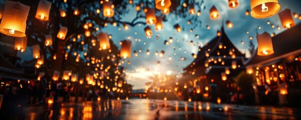 Fototapeta premium Floating lanterns in a night sky, magical and serene, Ethnic, Bright hues, Photograph, Cultural celebration