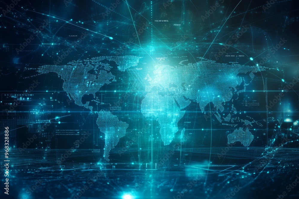 Poster global business concept world map with technology symbols and internet connectivity elements