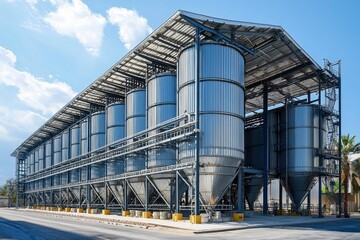 Obraz premium Industrial Silos with Metal Frames and Conical Bottoms