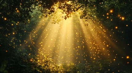 Naklejka premium Sunbeams and Fireflies Illuminating a Forest Clearing