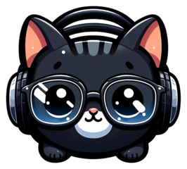 Cute cartoon black cat wearing headphones and sunglasses