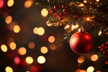 A close-up of a red ornament hanging from a Christmas tree, surrounded by warm lights and festive bokeh, creating a cozy holiday atmosphere.