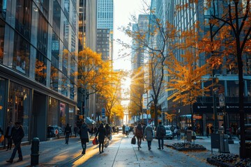 A busy city street with people walking and cars driving