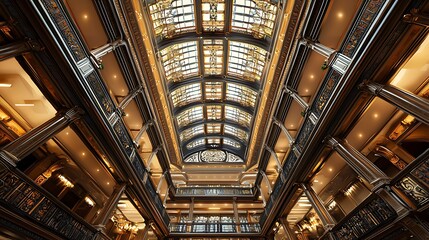 Obraz premium View of a luxurious hotel lobby ceiling, emphasizing ornate details.