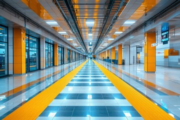 Fototapeta premium Yellow Stripe on a Polished Tile Floor in a Modern Building