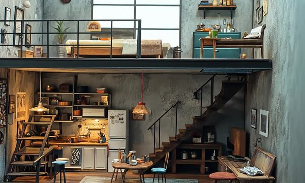 Cozy loft apartment with rustic decor and mezzanine with ai generated.
