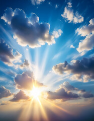 Blue sky. Bright midday sun illuminates the space. Wide photo .
