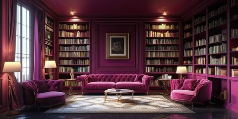 modern interior design cerise reading room with luxury wall bookshelf and beautiful elegant floor 