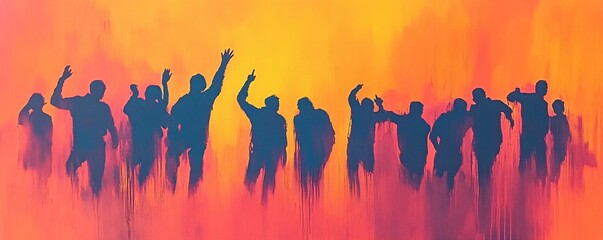 Silhouettes of people celebrating with arms raised against a vibrant orange-yellow backdrop.