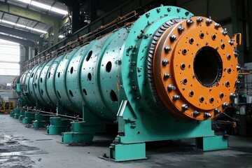 Industrial Green Machine with Orange Detail in Factory Setting