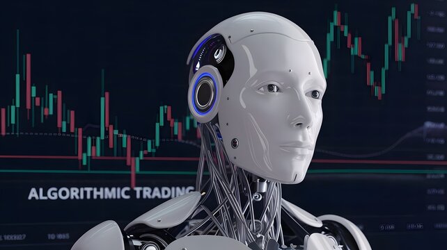 Robot in front of financial market candlestick chart. "Algorithmic trading" in white text.