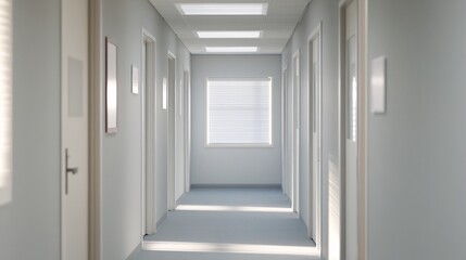 Obraz premium Bright and clean hallway with multiple doors and natural light streaming in through a window.