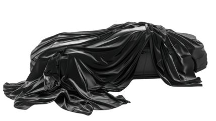 Black fabric draping over a car on transparent background