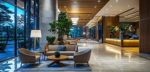 Stylish hotel lobby in Geojedo with contemporary furniture.