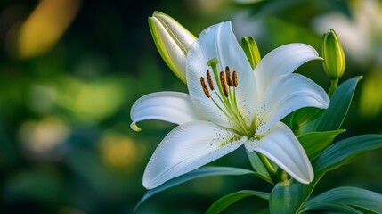 Obraz premium White lily flower in bloom, close-up with blurred green background. Nature and serenity concept