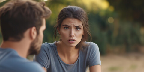 Fototapeta premium Young woman feeling confused while talking with man outdoors